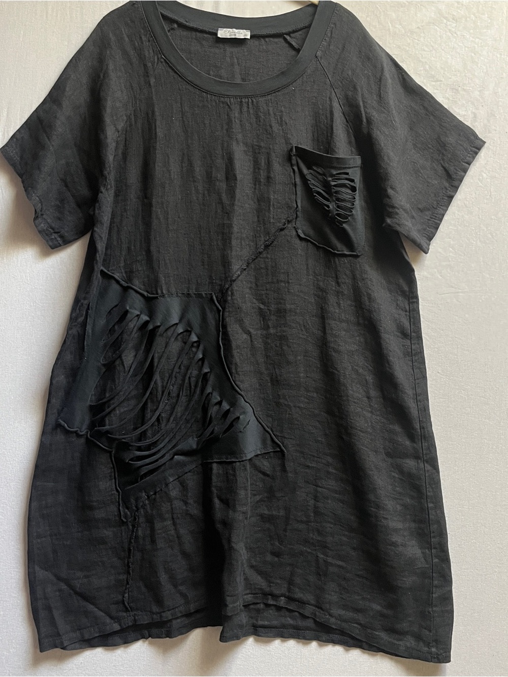 Eternelle Made in Italy Size M Black 100 Percent Linen Fringed Patchwork Dress